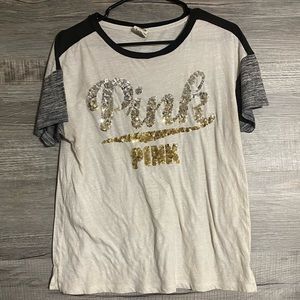 PINK Sequin Gold/Silver Ombré White Tee Womens small